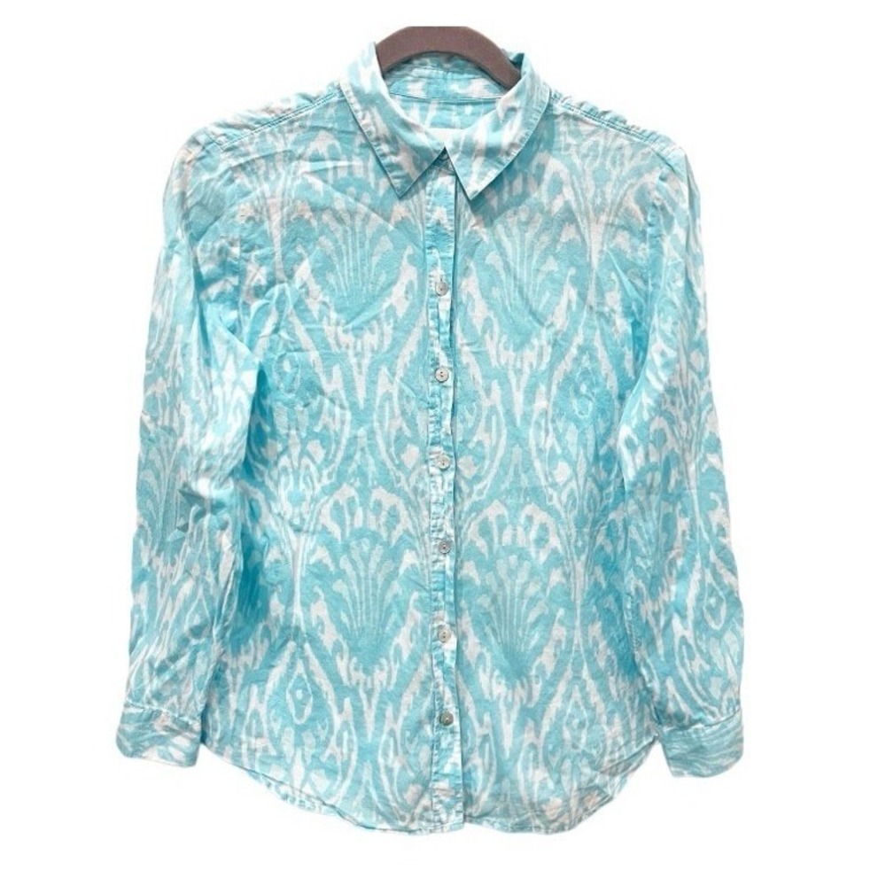 Chico's Beachy Coastal 100% Cotton Ikat Turquoise Button Down Shirt Size Small